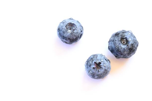 istock Three blueberries on white background with water and copy space. 2191430702
