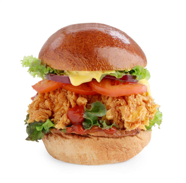 istock Delicious burger with crispy chicken patty isolated on white 2191433770