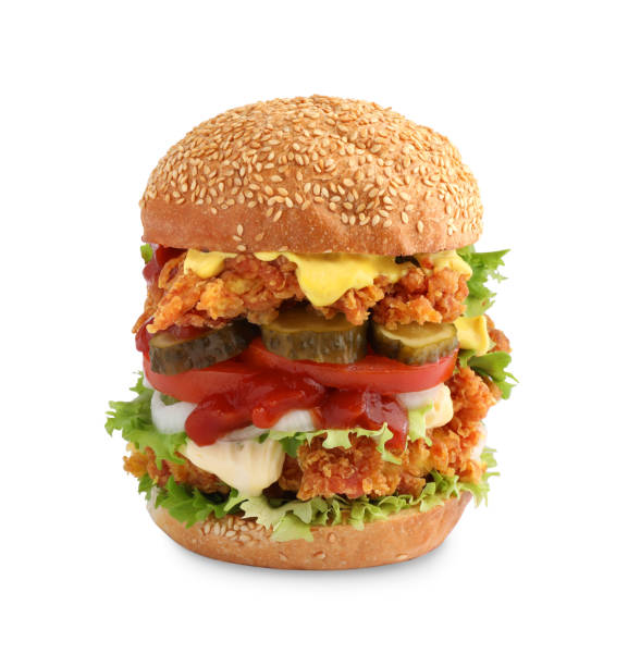 istock Delicious burger with crispy chicken patty isolated on white 2191433776