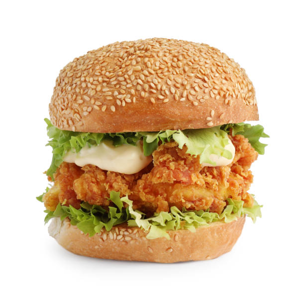 istock Delicious burger with crispy chicken patty isolated on white 2191433779