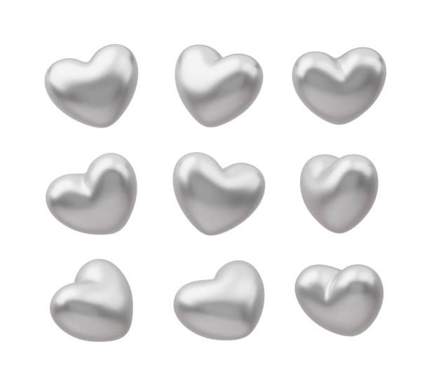 3D silver heart rotation 3D silver heart rotation. Metallic vector Valentines day symbol in different view. Realistic romantic icons indifferent angles. Glossy metal hearts on white. Love sign for card, design, flyer, poster clip art of a spinning globe animation stock illustrations