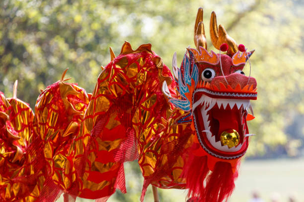 istock A large red dragon with gold accents is displayed in a park 2191434368