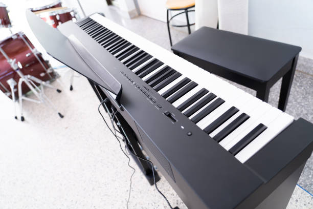 istock Keyboard for playing electronic tones in a music studio practice room 2191440189