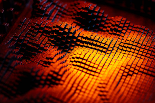 Close-up view of a textured surface with a pixelated pattern, highlighted by warm red lighting.