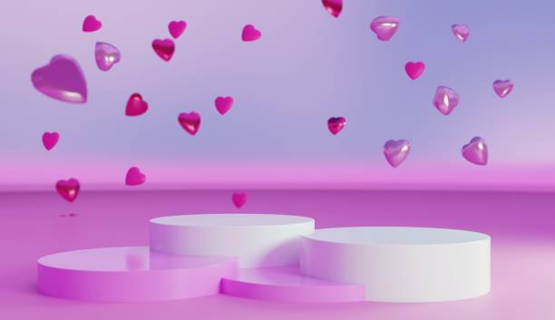 istock 3D Blue and pink romantic valentine's day background template. 4 blue and white podiums with floating heart - shaped balloons in pastel soft blue background. Romantic mockup presentation for products 2191443166