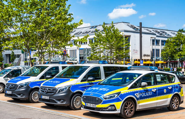 Rosenheim, Germany - July 29: typical german police vehicle in the old town of Rosenheim on July 29, 2024