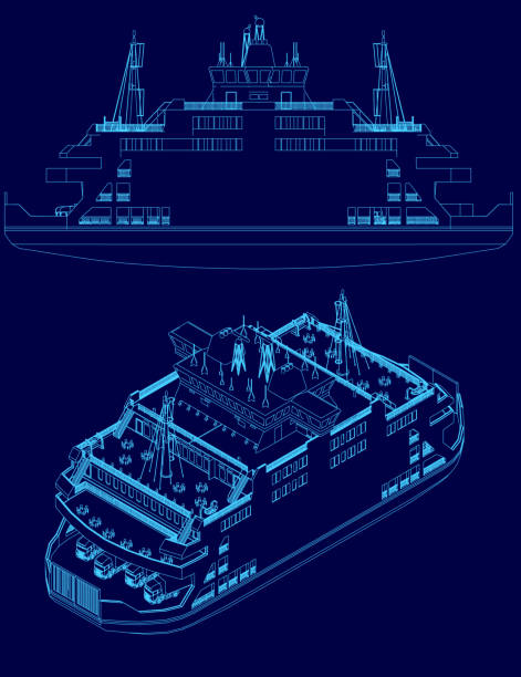 istock Blue drawing of a ship with a blue background. The ship is shown in two different views, one of which is a close up of the top of the ship. The ship is large and has a lot of detail 2191448398