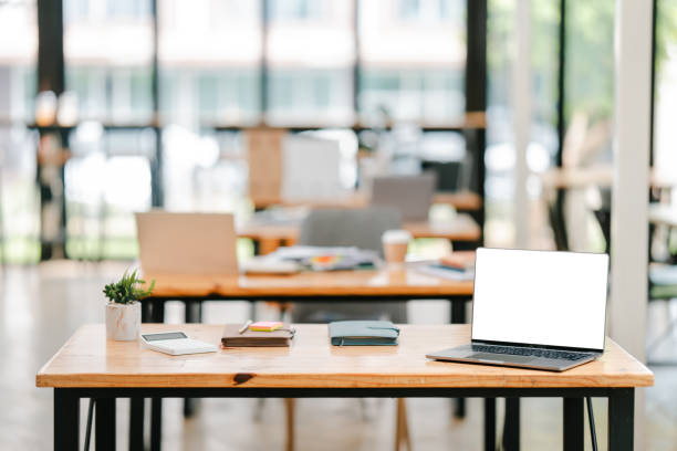 istock Empty office desk with laptop and accessories. Work space. Free space. Copy space. 2191449370