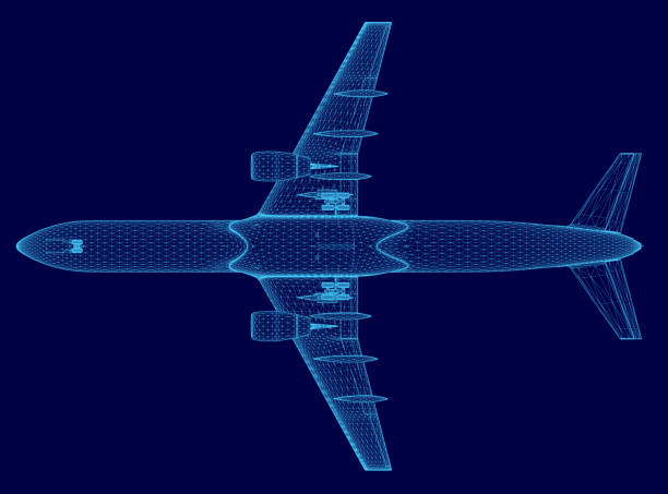 istock Blue airplane is shown in a blue background. The airplane is a large jetliner with a long body and a pointed nose. The image is a wireframe of the airplane 2191451249