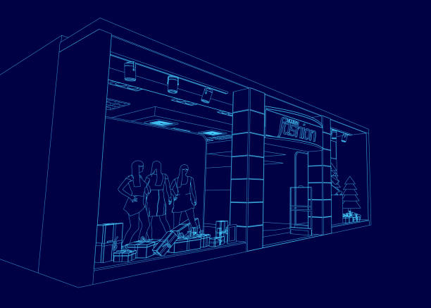 istock Blue drawing of a building with a group of people inside. The people are standing in front of a wall with a sign on it 2191453157
