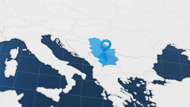 Blue Serbia 3d map with pointer pin surrounded with other countries in white. Europe political map with borders. 3d render illustration.