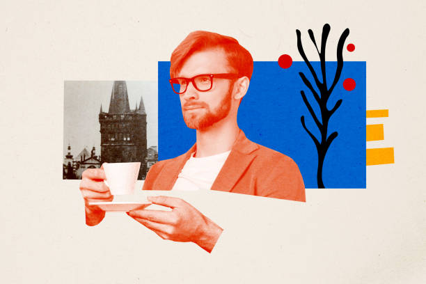 Creative photo collage young handsome man take break have cup coffee drink relax urban architecture tourism traveler drawing background.
