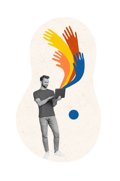 istock Vertical collage image of black white effect positive guy use laptop painted arms isolated on creative background 2191460010