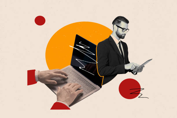 istock Creative photo collage young businessman browsing tablet successful investor trader laptop typing hands drawing background 2191460231