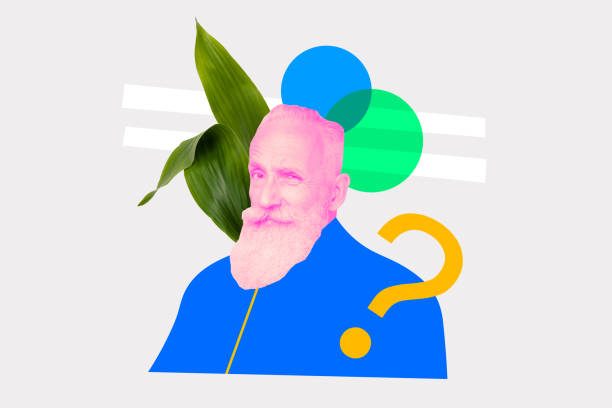 istock Photo collage looking staring pensioner man green plant leaf question mark doubtful emotion guess who person popular celebrity 2191460363