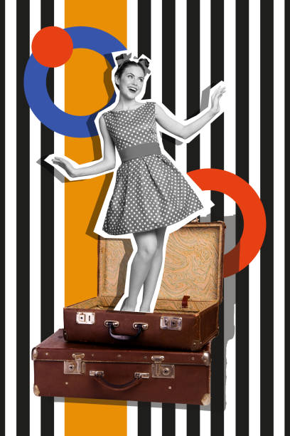istock Vertical creative poster collage young beautiful girl positive mood standing briefcase luggage traveler trip journey summer vacation 2191460620