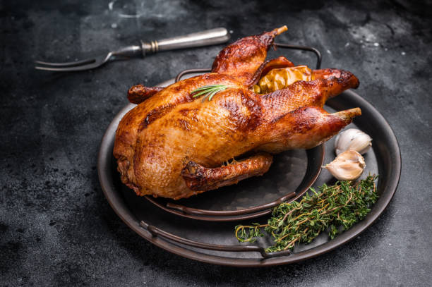 istock Roasted whole goose on steel tray. black background. top view 2191460882