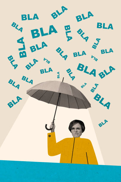 Vertical collage picture standing young woman hide rain drops bla bla gossips rumors abuse victim insult mental pressure harassment