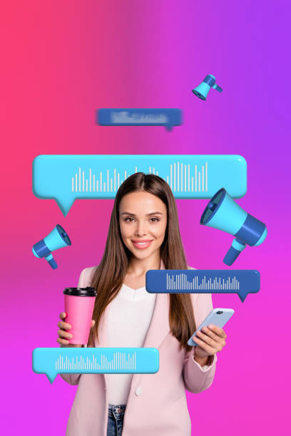 istock Creative metaphor image collage of lady worker with coffee drinkf receive voice message 3d figure on gadget 2191462325