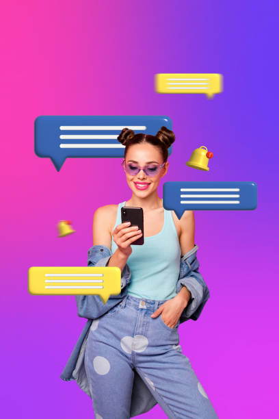 istock Creative image collage of lady influencer using gadget device for typing text on social media keep in touch with followers 2191462347