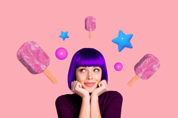 istock Abstract template graphics collage image of thoughtful lady dreaming eating tasty ice cream isolated pink color background 2191462386