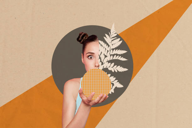 istock Creative artwork graphics collage painting of impressed funky lady fall leaf cover half face isolated beige color background 2191462399