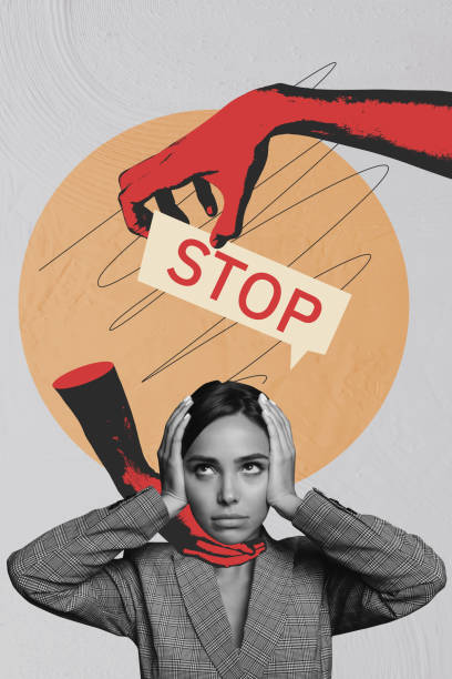 istock Vertical collage picture illustration monochrome effect sadness upset young woman stop harassment work sexism white background 2191462427