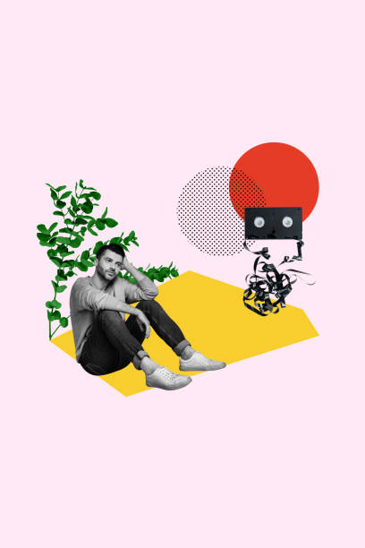 istock Vertical collage picture illustration monochrome effect hold head upset music relax think broke flower exclusive colorful background 2191463186