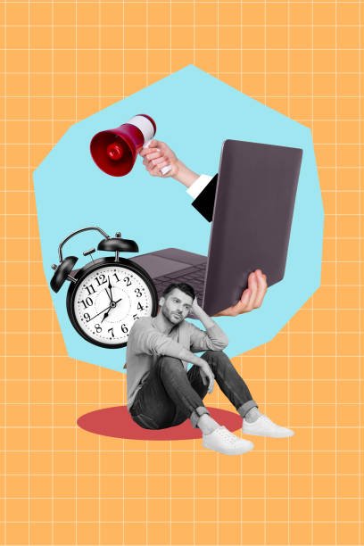 istock Vertical collage poster sitting young man exhausted overloaded tired freelancer worker laptop pc remote employee checkered background 2191463326