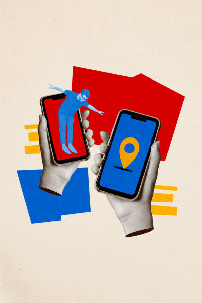 istock Vertical collage picture smartphone app delivery service destination marker geolocation touchscreen display man courier order 2191463327