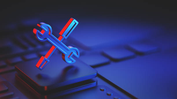 Tools 3d Icon with Red Highlight on an Abstract CPU and motherboard