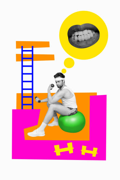 istock Vertical collage sitting young male lifting kettlebell muscle improvement practicing sportive lifestyle exercising think woman mouth lips 2191463787