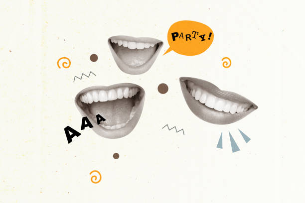 istock Creative collage picture illustration monochrome effect excited happy smile mouth element caricature party communication three human 2191464684