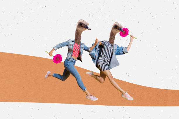 istock Creative collage picture illustration two headless absurd ostrich runner fast girl mask hide face flower summer outfits unusual template 2191464765