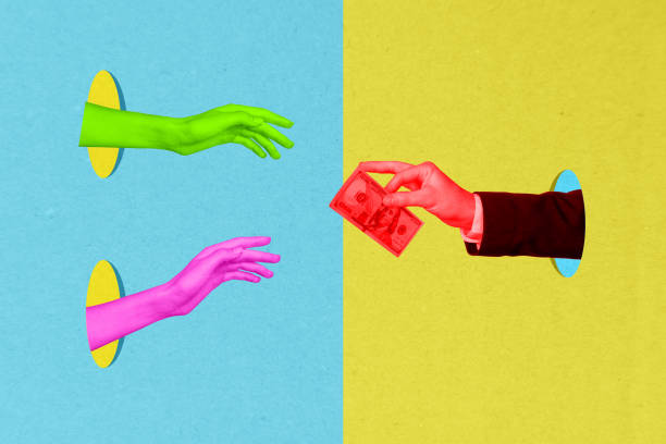 istock Horizontal creative artwork photo collage of two people hands reaching for dollar banknote cash from arm of rich business man salary bribe 2191464809