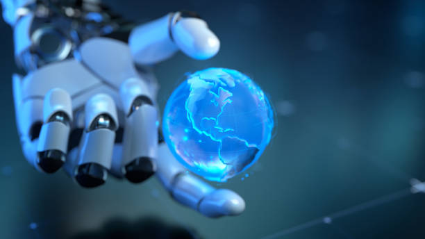 Futuristic Robotic Hand Holding a Holographic Blue Globe in Digital Environment