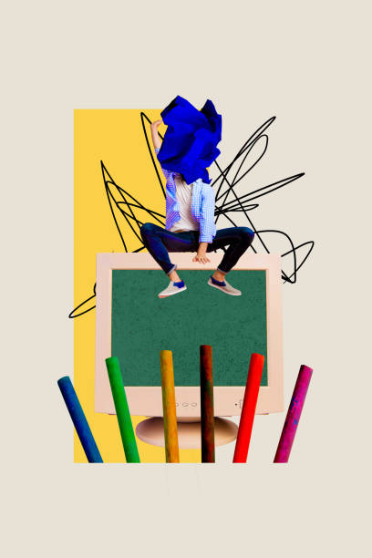 istock Vertical collage creative illustration poster headless crumpled paper human sit colorful stick large monitor white yellow background 2191466606