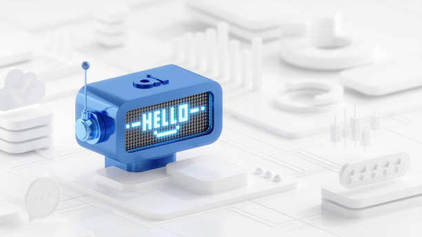 A blue retro-style robot with a digital display screen showing the word 'HELLO,' embedded in a modern white abstract environment representing technology, innovation, and robotics.