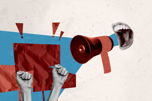 Creative retro 3d magazine collage image of mouth screaming bullhorn supporting protest isolated beige color background