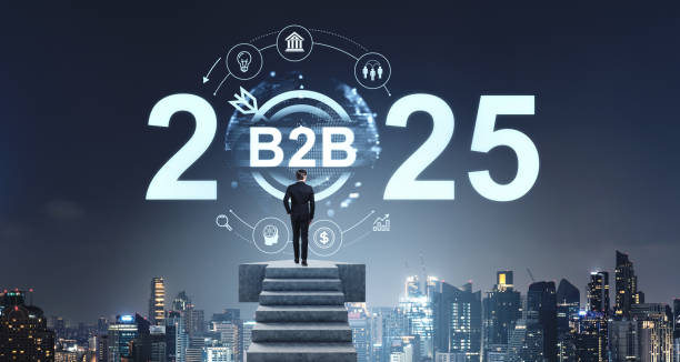 istock Businessman standing on stairs looking at B2B 2025 concept with 2191469665