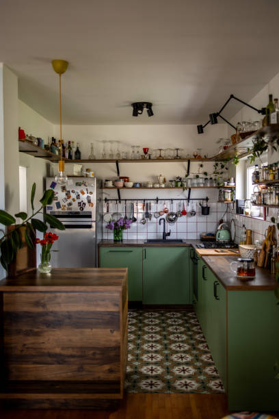 Modern green kitchen interior with open shelving displaying dishes and plants