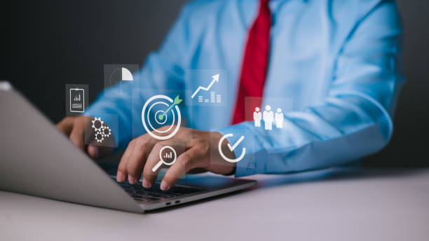 istock Target with digital marketing icons on virtual screen internet network connection, Targeting the business concept, Business goal, Digital marketing, Online business, Set goals for better results. 2191469961