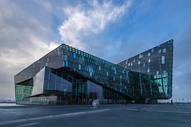 Reykjavik, Iceland - November 05, 2024: The modern Harpa Concert Hall in Reykjavik harbor.