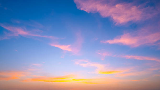istock Dusk sky with yellow and orange clouds on horizon blue sunset sky background after sundown 2191481392