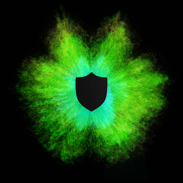 White Shield 3D Symbol Shape with Tick Symbol on a Green Plastered Wall with Copy Space 3D Illustration
