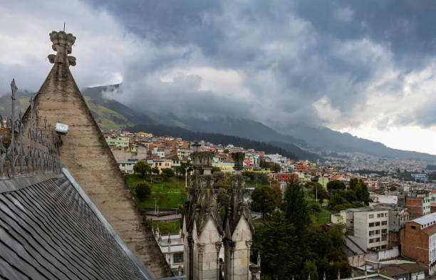 Quito, Ecuador, October 18, 2022: View of the Ecuadorian capital Quito under cloudy sky, seen from the top of the Basílica del Voto Nacional.