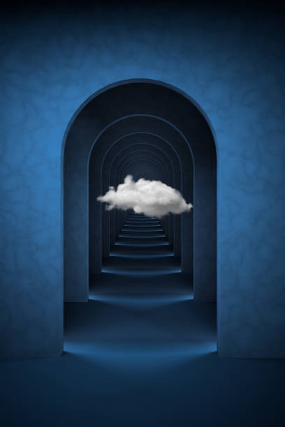 istock Abstract blue surreal 3d render with white cloud. Arch corridor dark blue background. 2191488785