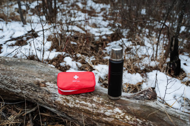istock A first aid kit and a thermos are both resting on a log that is covered in white snow, creating a picturesque winter scene filled with various natural elements surrounding them 2191489569