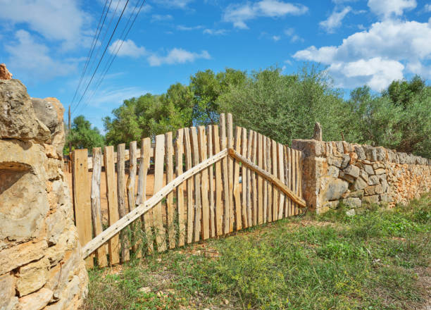 Wooden gate surrounded by a natural stone wall in Mallorca, with a backdrop of lush greenery and blue skies, showcasing the island's rustic charm and Mediterranean landscape in Spain.