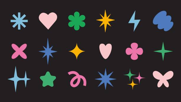 Trendy abstract minimalist figures, stars, flowers and hearts. Set of Y2K design elements, geometric shapes, modern symbols. Festive and party mood. Vector illustration, flat design.